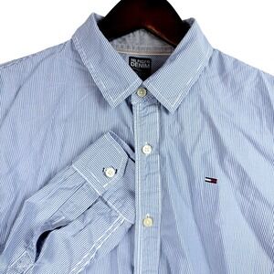 Tommy Hilfiger Denim Mens Large Blue White Pinstripe Button Down Shirt Casual